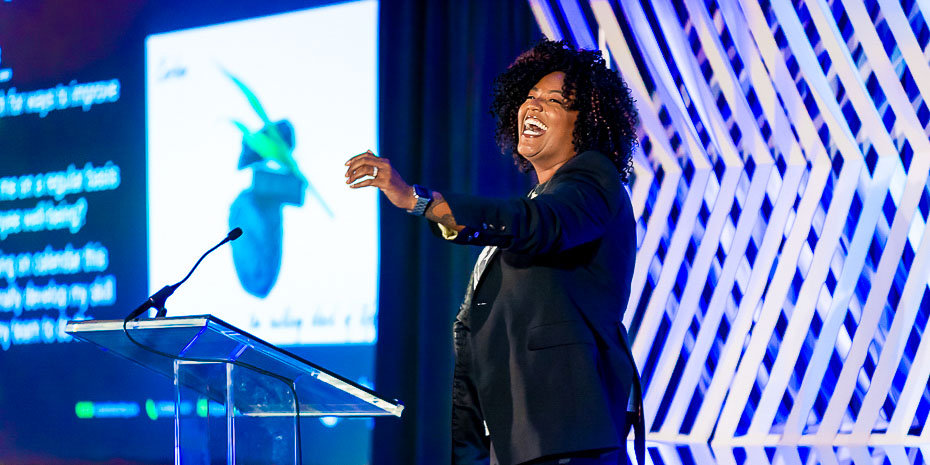 Keynote speaker presenting at business conference in Raleigh NC