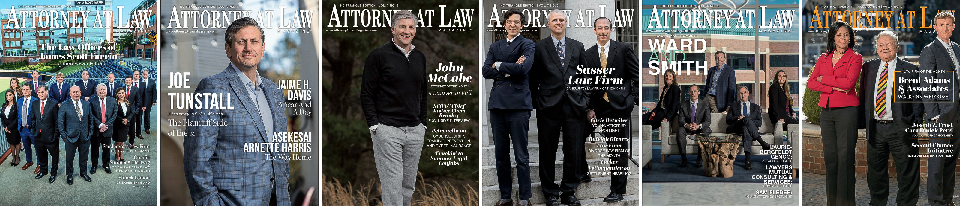 Attorney At Law magazine covers featuring professional headshots and branding photography for North Carolina law firms